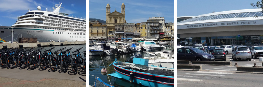 Vélo électrique devant un bateau, le vieux port de Bastia, aéroport de Bastia